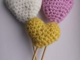 3 Crochet padded heart cake toppers – flower sticks -boho wedding cake toppers
