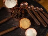 Wooden Measuring Spoons and Cups, Personalised Kitchen Utensils, Rose Gold Measuring Spoons and Cups, Engraved Baking Tools
