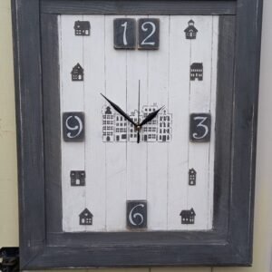 large framed handmade rustic farmhouse gret/white clock